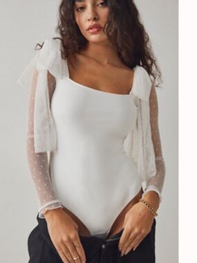 Free People White Sheer Sleeve Square Neck Bodysuit